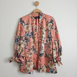 Zara Satin Floral Open Front Blazer Orange Coral Flower Print Medium